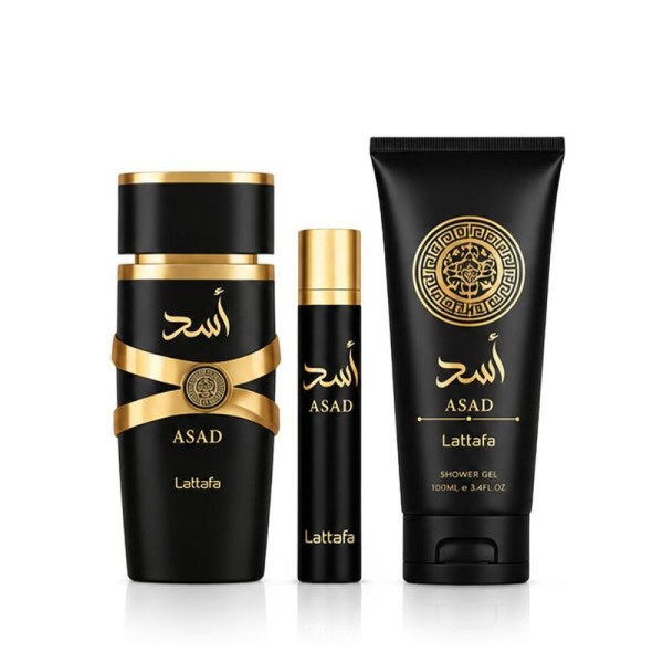 Lattafa Asad EDP 100 ml + EDP MINI 12 ml + SG 100 ml
